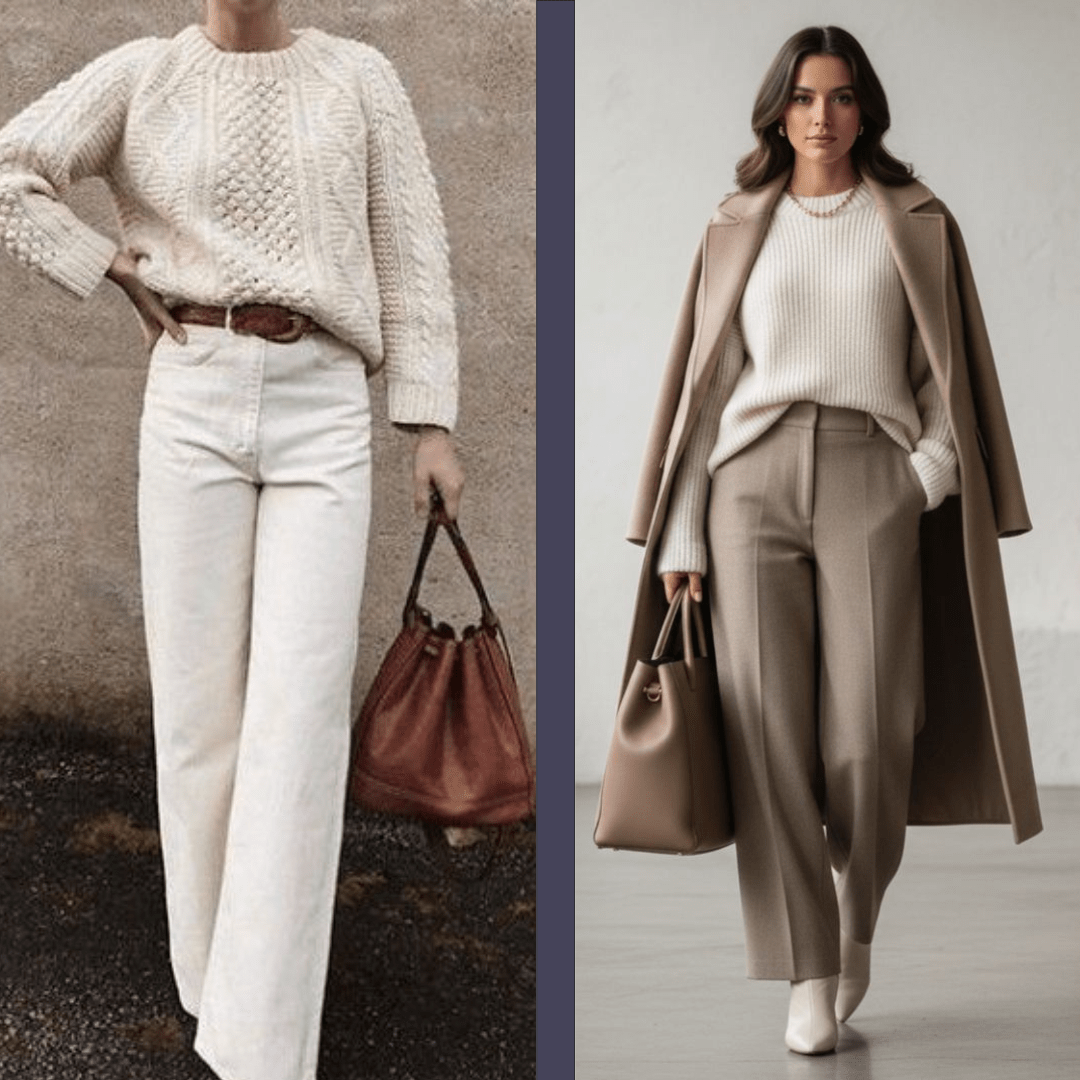 Ivory and Taupe Outfit Colour Combo for Minimal Winter Style_2. my favourite wide leg denim jeans in ivory worn with a cable knitwear sweater standing next to a woman with a coat, knitwear and wide leg pants for work.