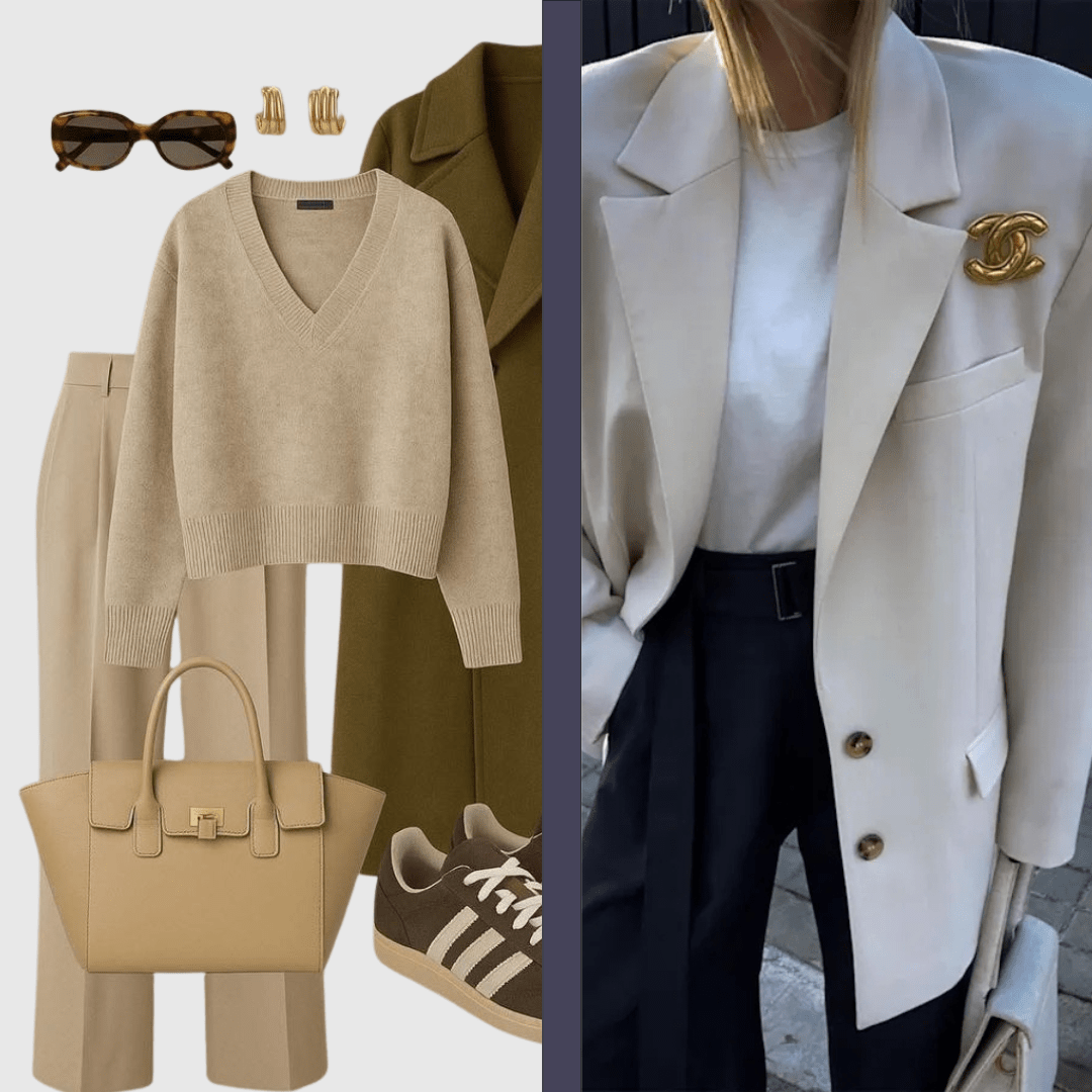 Ivory_and_Taupe_ Outfit_Colour_ Combo_for_Winter a flat lay of an elevated office outfit featuring all over monotone sand colour top, pants and accessories next to a woman in a blazer and channel broach