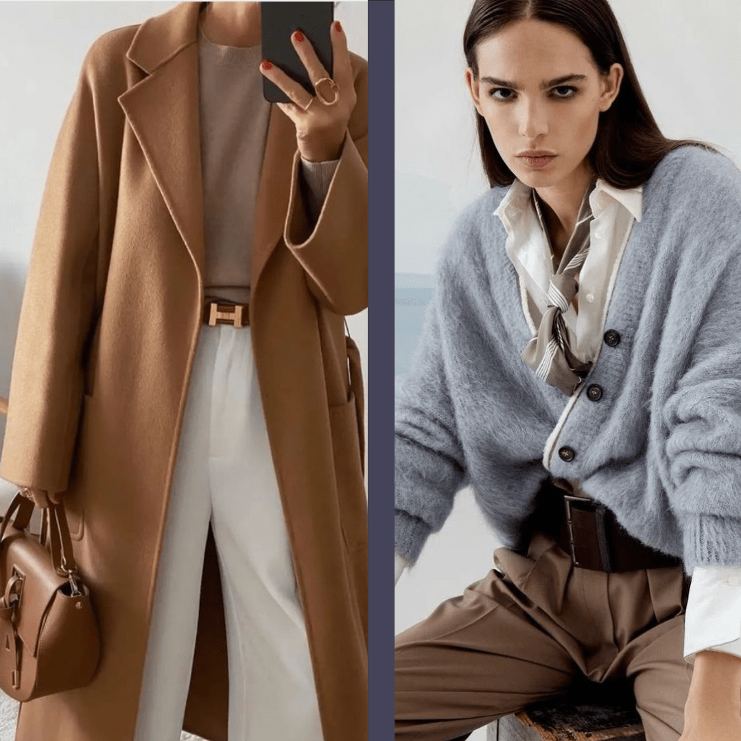 Ivory_and_Taupe_Outfit_Colour_Combo a woman taking a photo in the mirror wearing a camel colour coat next to a woman with a soft pastel blue cardigan