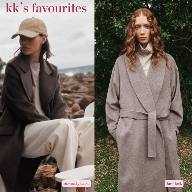 KK's Hit List 628 x 628 A side-by-side style mood board featuring a woman in a chocolate brown winter coat and baseball cap next to a woman in a long taupe belted coat.