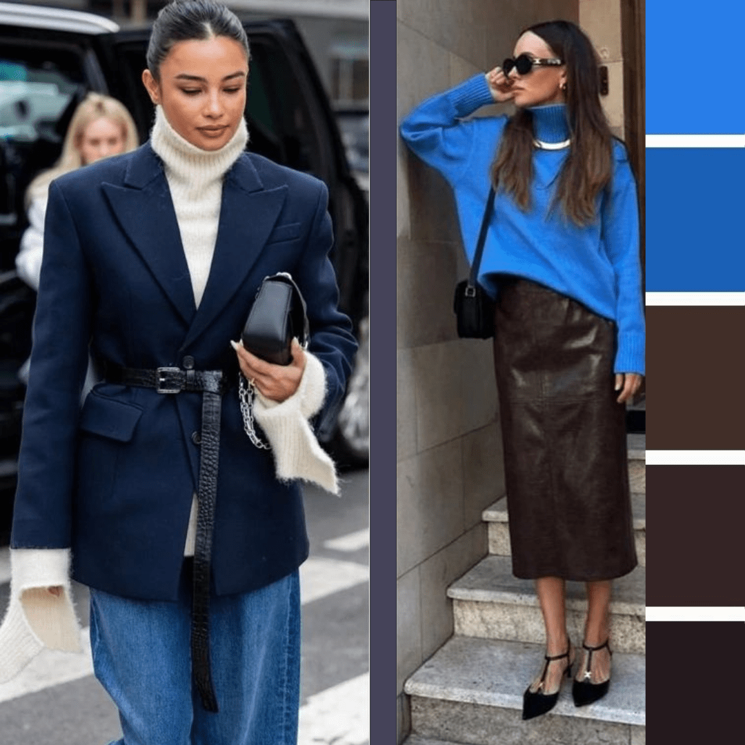 bold_jewel_tones_for_outfit_inspiration two women wearing bright blue, one in a blazer belted at the waist the other in a blue sweater and leather skirt