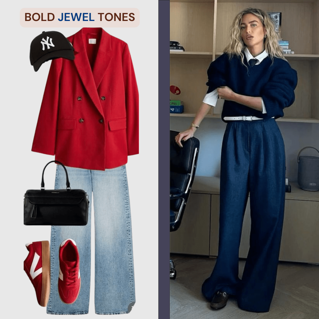bold_jewel_tones_outfit_inspiration_3. flat lay of red adidas sneaker, black clutch, tee shirt, wide leg jeans and blazer. next to a lady standing in her office wearing royal blue sweater and wide leg soft denim pants