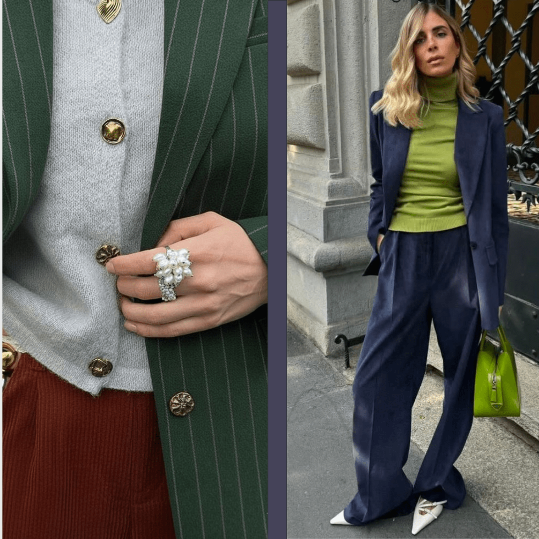 bold_jewel_tones_outfit_inspiration_for_you The ultimate luxe outfit featured in royal blue suede and restorative green top and handbag next to a woman wearing green stripe blazer and jewelled button grey cardigan