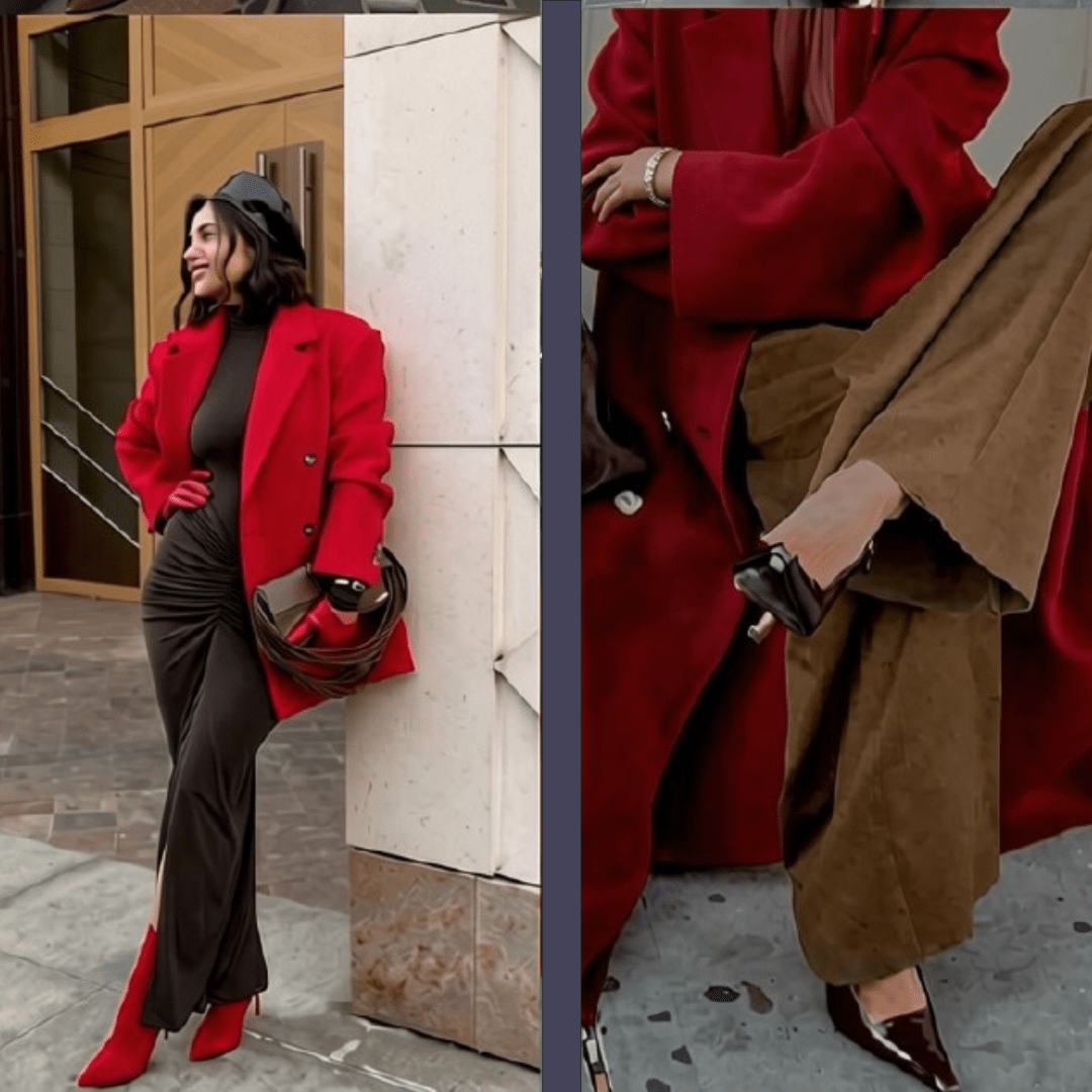 chocolate_and_cherry_outfir_inspiration feminine style dress, draped to the side in the colour brown worn with a cherry red blazer and red suede boots