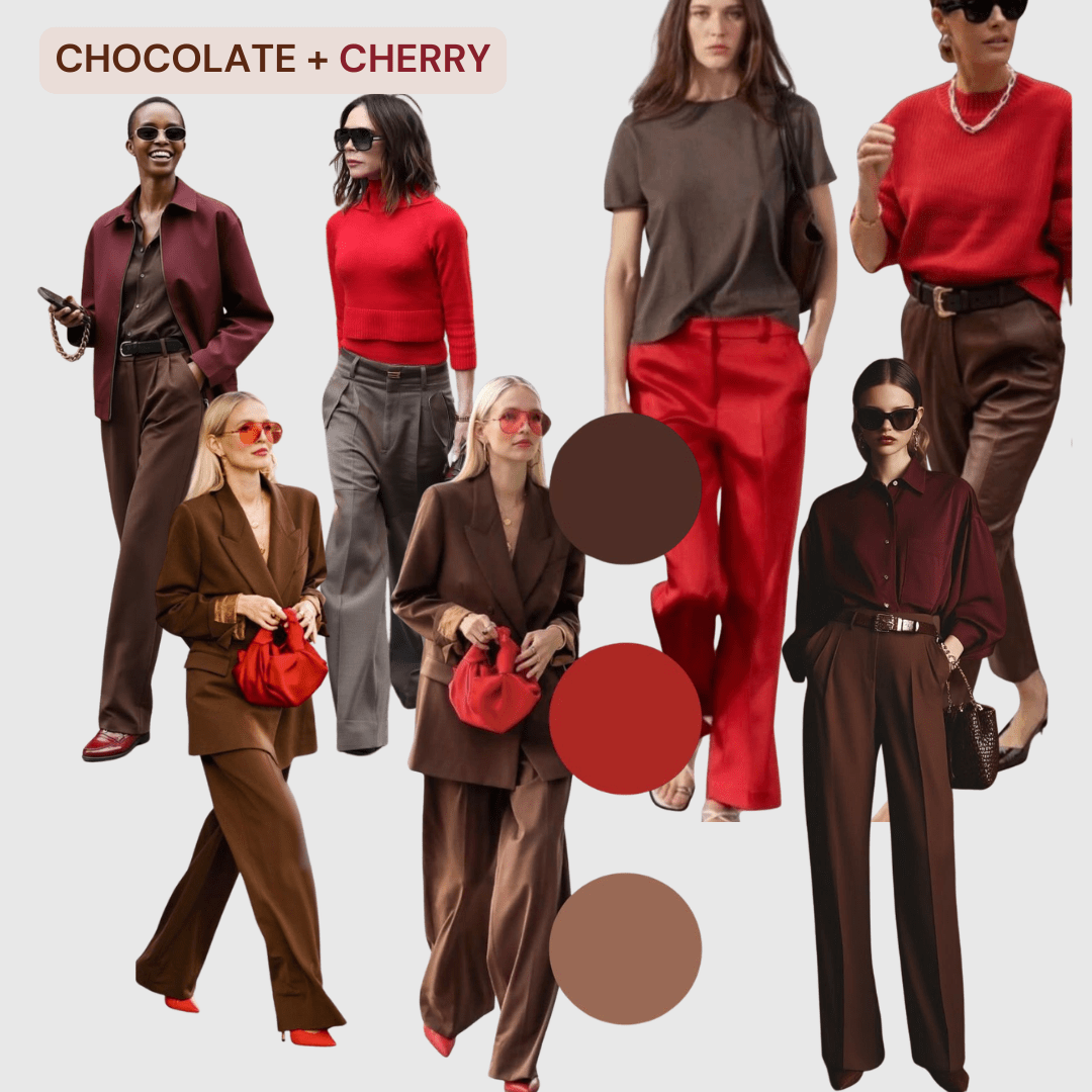 chocolate_and_cherry_outfir_inspiration_styleculture_1 A side-by-side style mood board featuring many celebrities wearing cherry and red outfits. some in blazers, pants, others in cherry red knitwear and chocolate wide leg pants