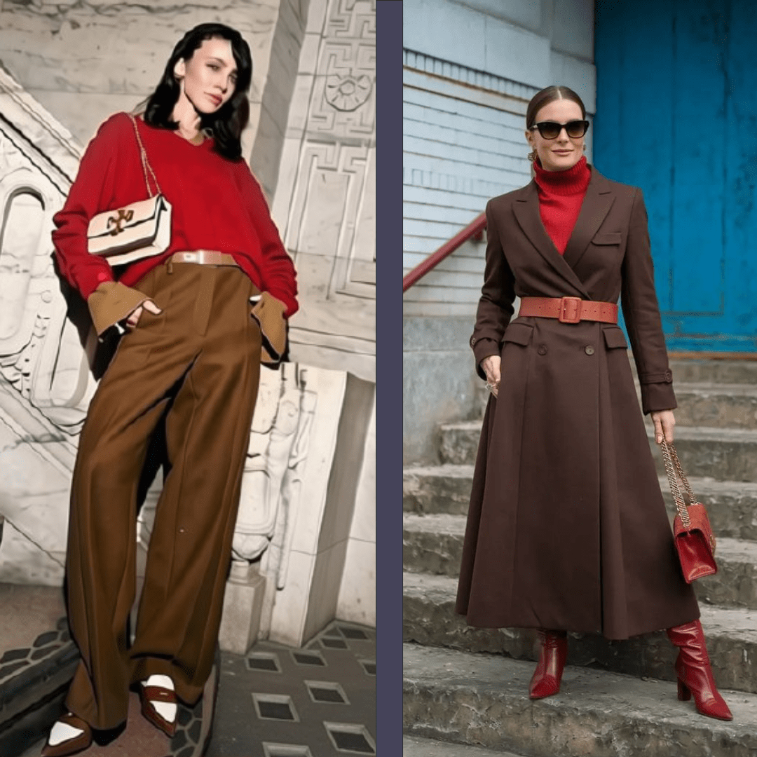 chocolate_and_cherry_outfir_inspiration_styleculture_3 Two winter fashion outfits demonstrating how to style chocolate brown tailored clothing with bold red accents and knitwear.