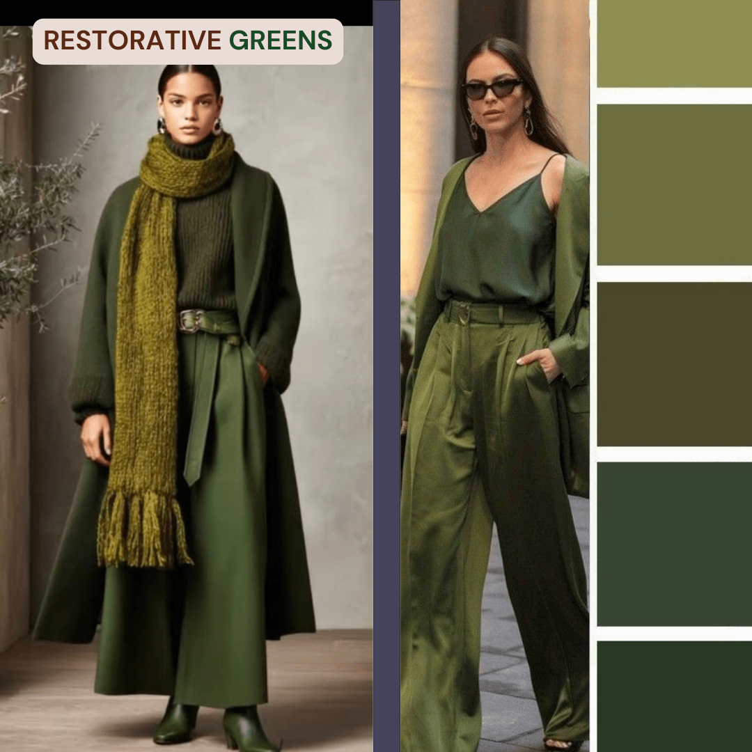 styling_green_outfit_ideas_you'll_actually_wear_1. mood board featuring the pantone colour of the season greens next to a woman wearing an all in one green outfit and green A-line skirt, worn with boots, sweater and scarf all in restorative greens