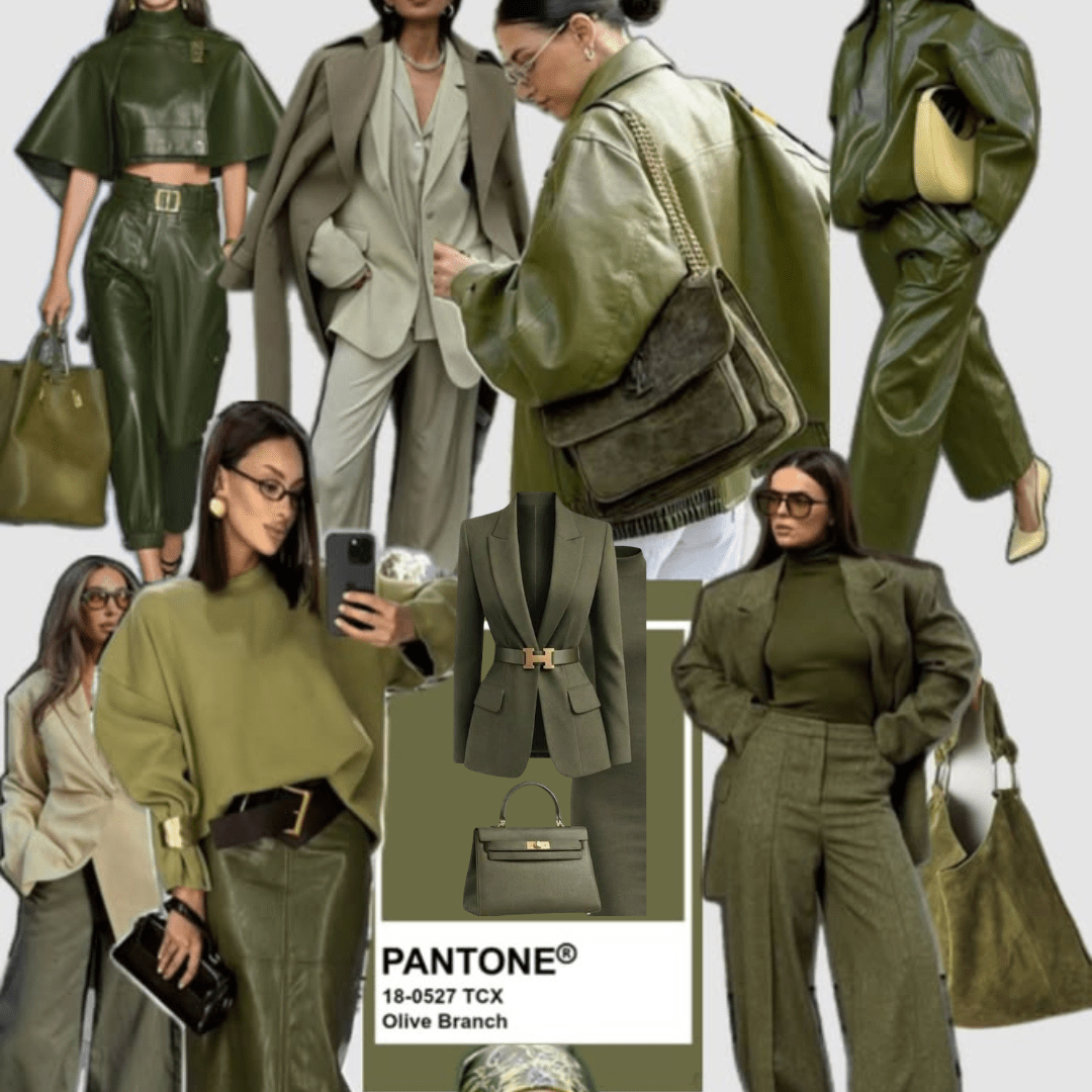 styling_green_outfit_ideas_you'll_actually_wear_again A side-by-side style mood board featuring women wearing this seasons pantone colour olive branch green wearing winter coats, leather pants, blazers, suede accessories and sunglasses