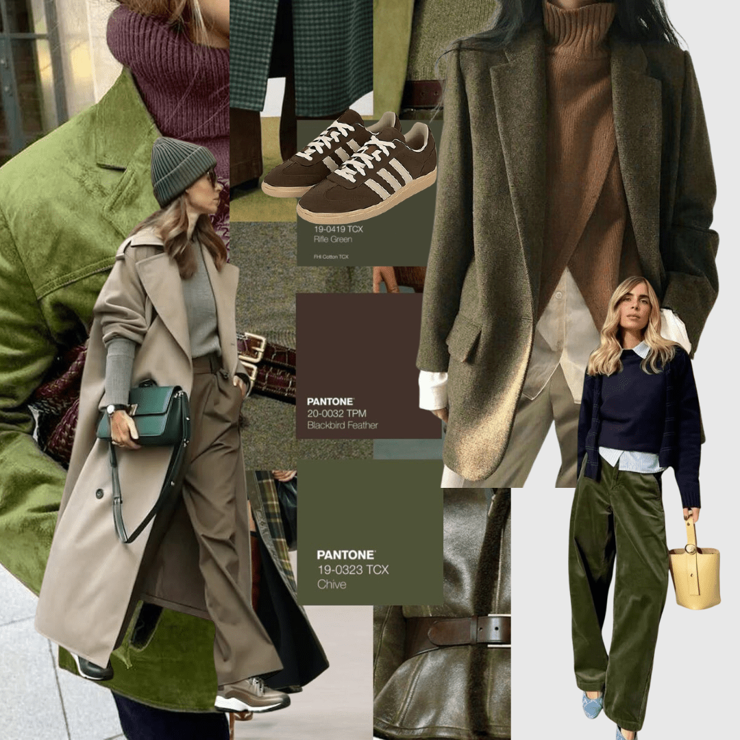 styling_green_outfit_ideas_you'll_actually_wear_now A side-by-side style mood board featuring a woman in a khaki winter coat and wool beanie next to the pantone colours of the season in olive and brown