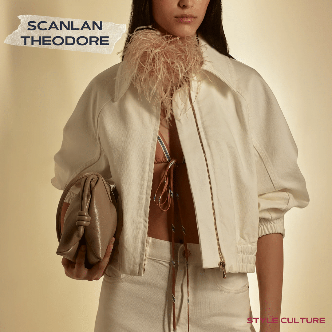 Scanlan Theodore White Denim Bomber Scanlan Theodore white denim bomber jacket with a short spring silhouette.