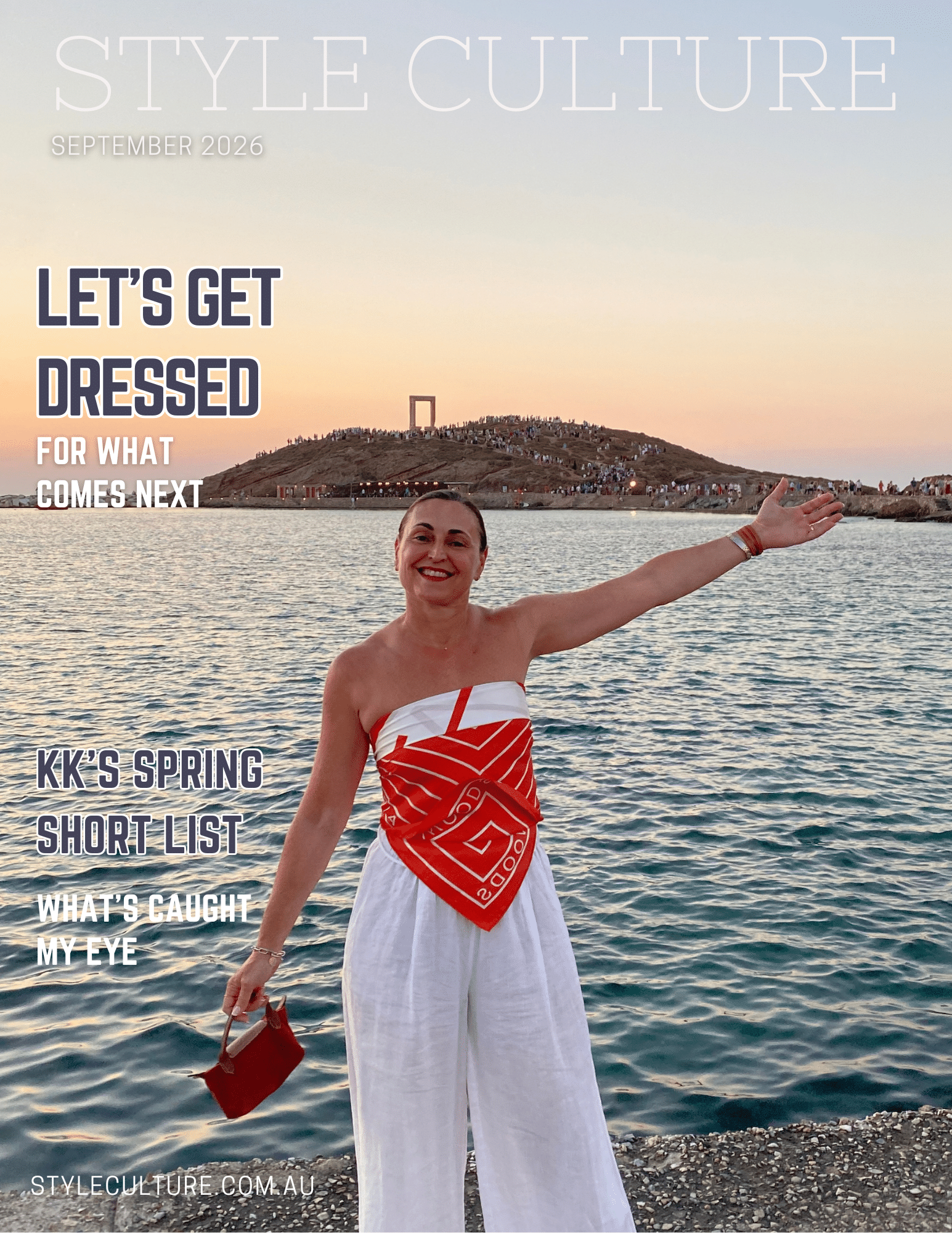 Spring Style 2026 inspiration from Style Culture, featuring Kerry in a red scarf top and white linen trousers in Greece.