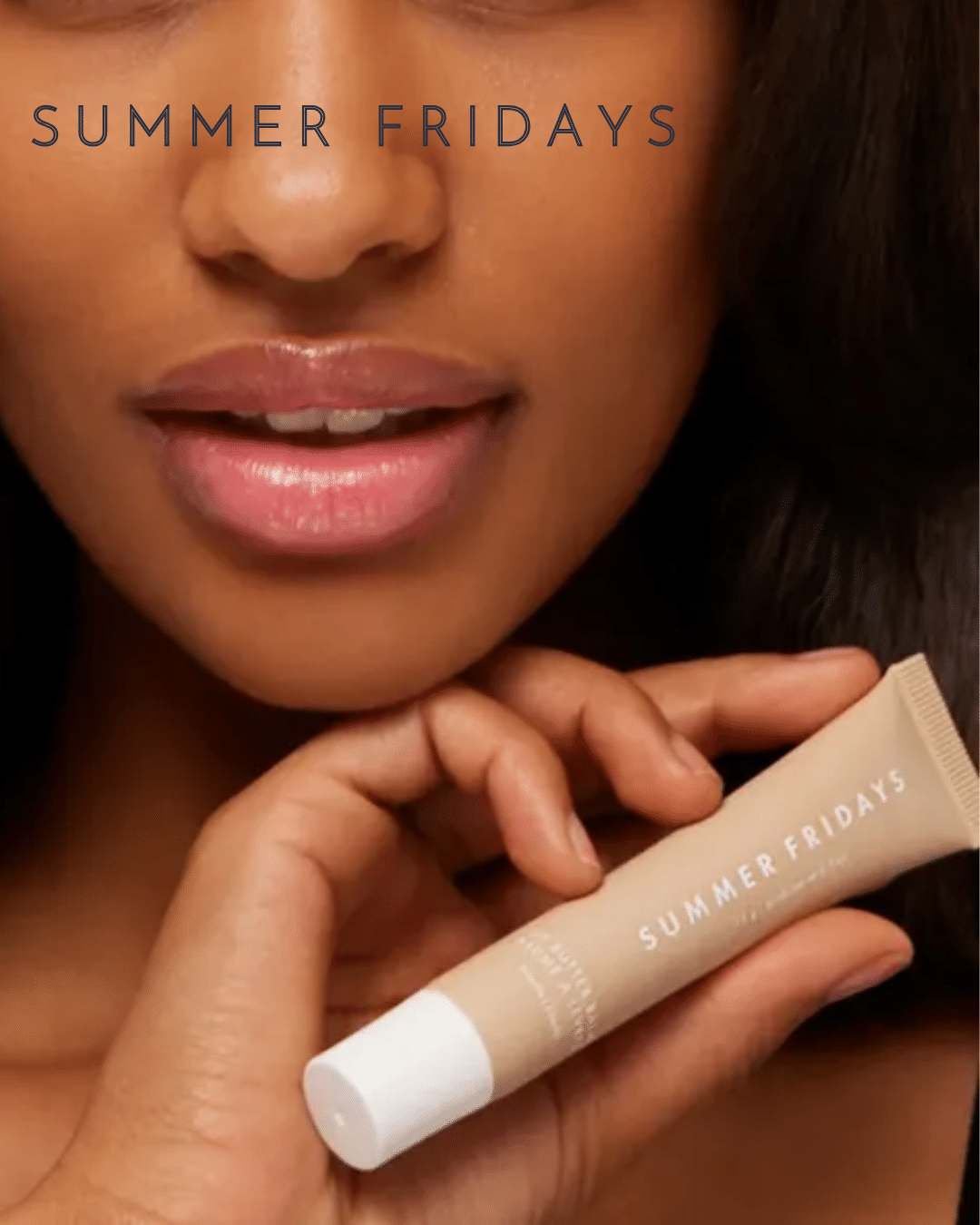 Summer Fridays Lip Butter Balm Vanilla Summer Fridays Lip Butter Balm in Vanilla held beside glossy lips.