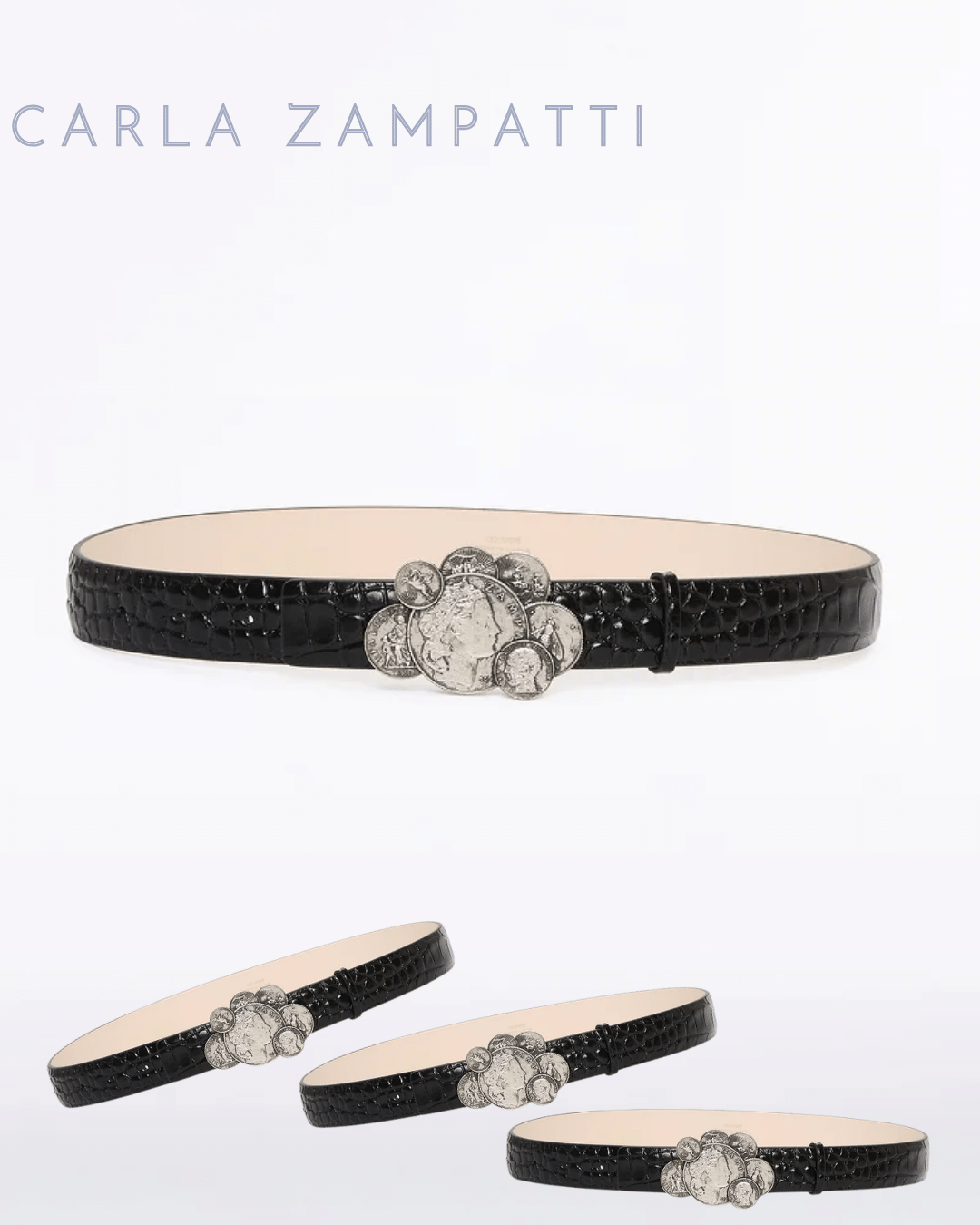 Carla Zampatti black croc-effect belt featuring a statement silver coin cluster buckle.