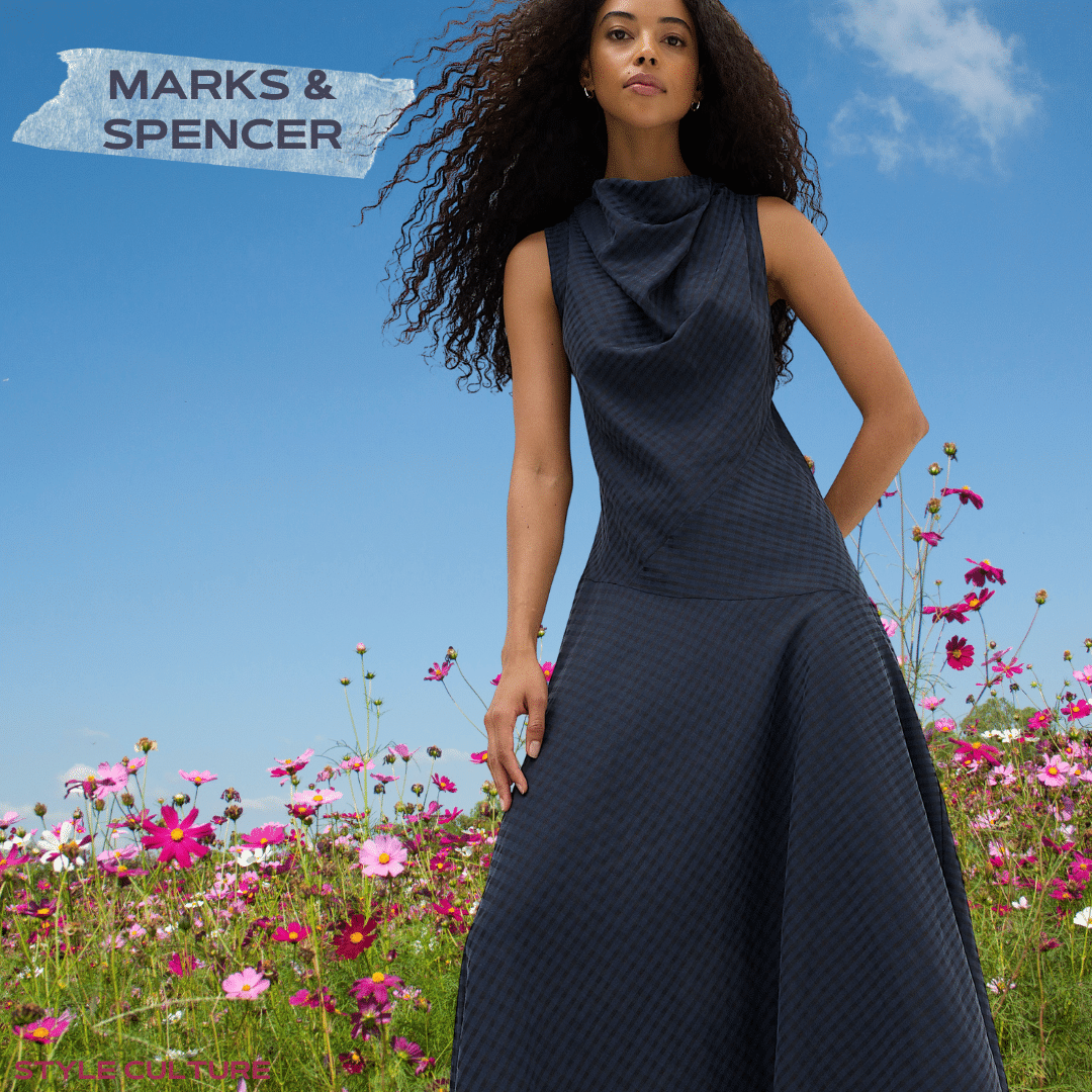 Lyocell Rich Checked Navy Cowl Neck Midi Dress