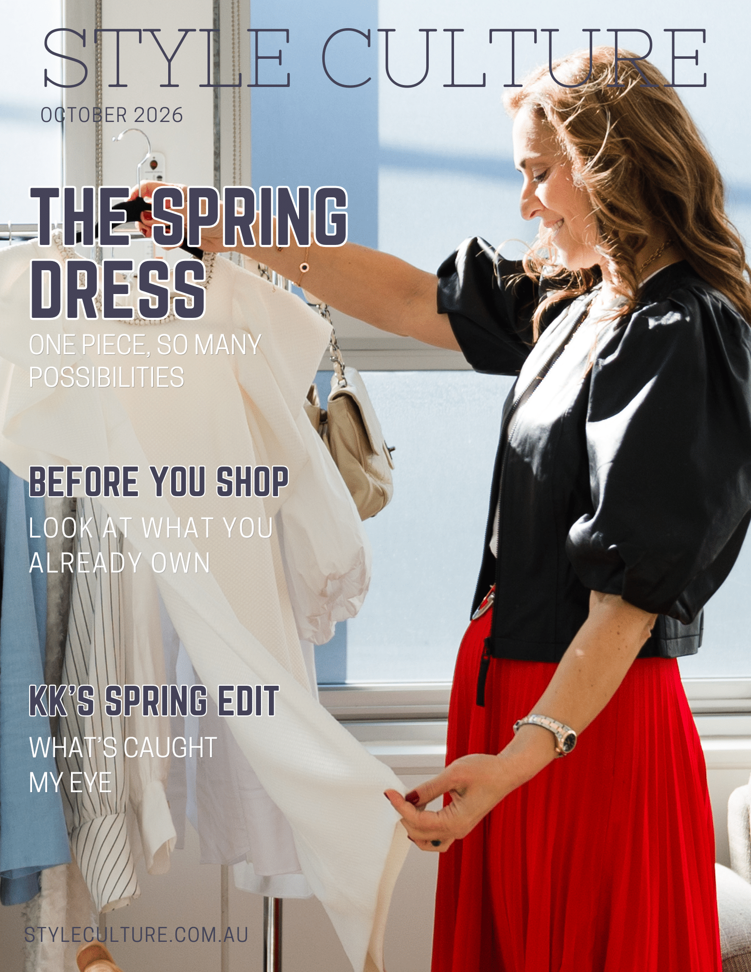Style Culture October 2026 magazine cover featuring Sydney personal stylist Kerry selecting clothing, with spring wardrobe styling inspiration.